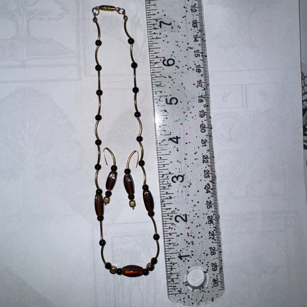 15 1/2" Beaded Gold, Black and Bronze Necklace and Earring Set